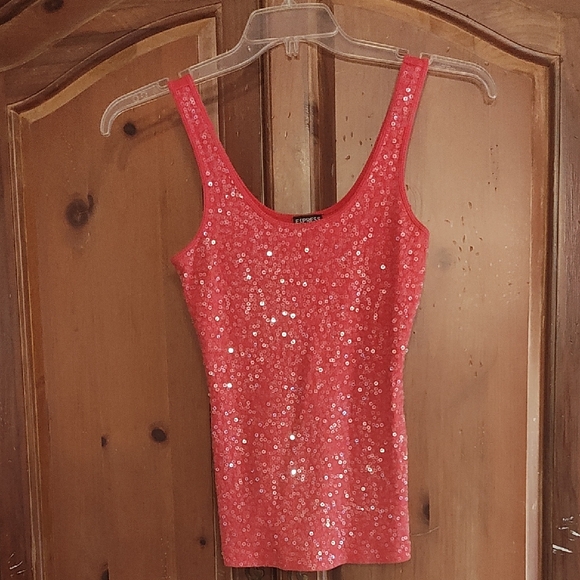 Express Tops - Express Coral Sequin Tank Top - Women's Scoop Neck Sparkle